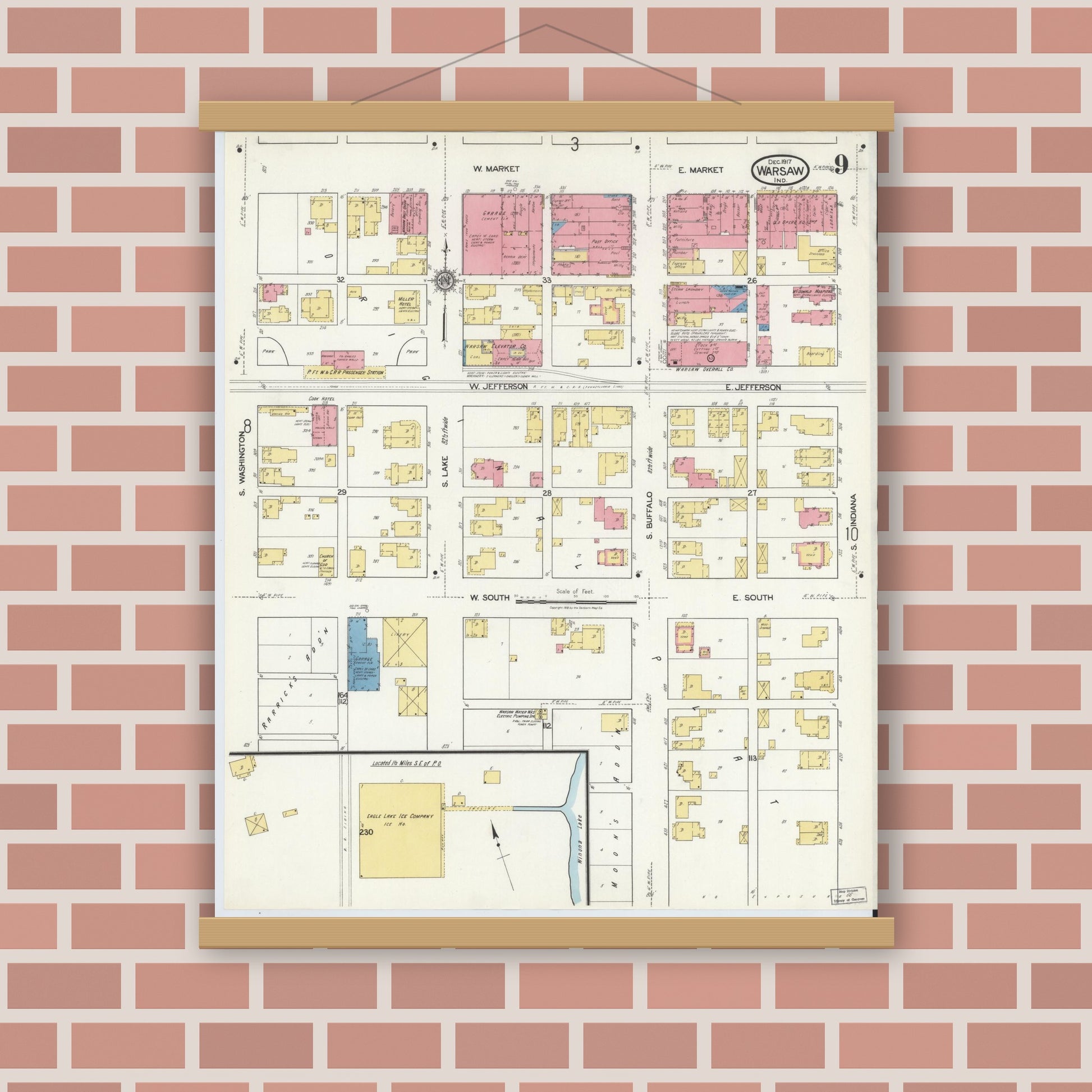 Old map wall art mockup — magnetic wood frame on brick wall — Sanborn Fire Insurance Map from Warsaw, Kosciusko County, Indiana (1917), Sheet #0009