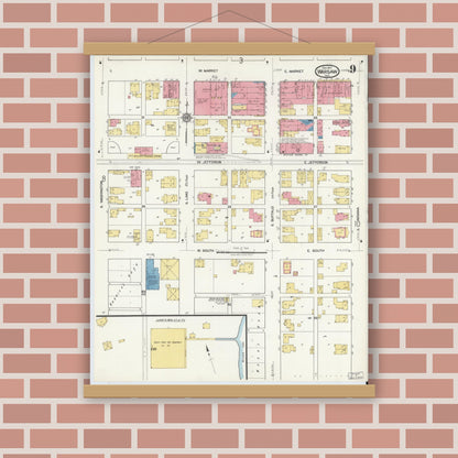 Old map wall art mockup — magnetic wood frame on brick wall — Sanborn Fire Insurance Map from Warsaw, Kosciusko County, Indiana (1917), Sheet #0009