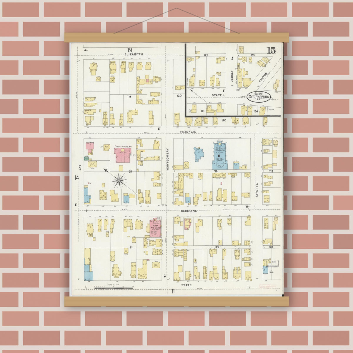 Old map wall art mockup — magnetic wood frame on brick wall — Sanborn Fire Insurance Map from Ogdensburg, St. Lawrence County, New York (1898), Sheet #0015