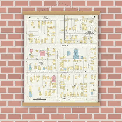 Old map wall art mockup — magnetic wood frame on brick wall — Sanborn Fire Insurance Map from Ogdensburg, St. Lawrence County, New York (1898), Sheet #0015