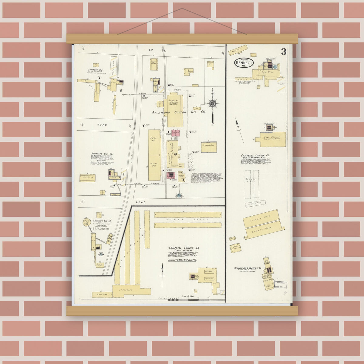 Old map wall art mockup — magnetic wood frame on brick wall — Sanborn Fire Insurance Map from Kennett, Dunklin County, Missouri (1911), Sheet #0003