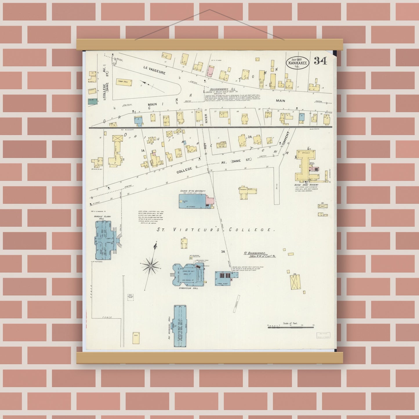 Old map wall art mockup — magnetic wood frame on brick wall — Sanborn Fire Insurance Map from Kankakee, Kankakee County, Illinois (1907), Sheet #0034
