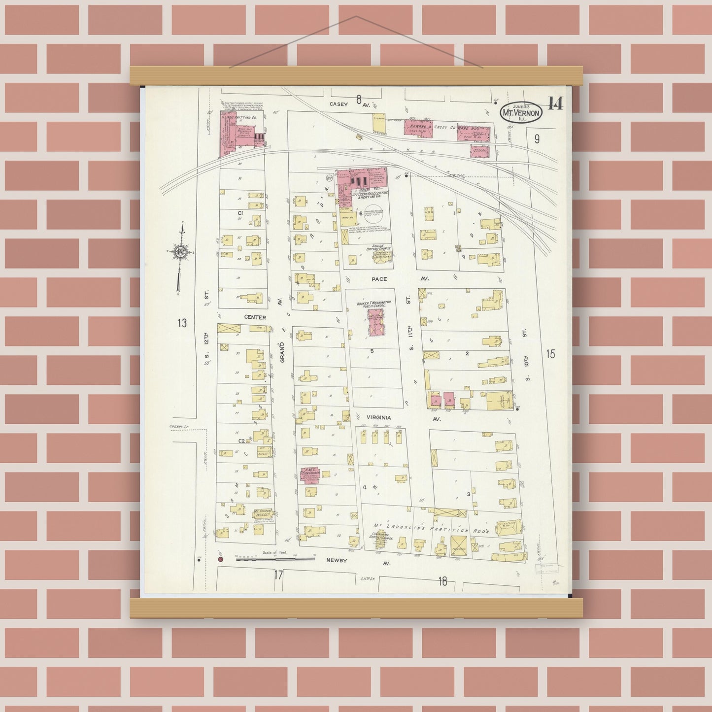 Old map wall art mockup — magnetic wood frame on brick wall — Sanborn Fire Insurance Map from Mount Vernon, Jefferson County, Illinois (1913), Sheet #0014