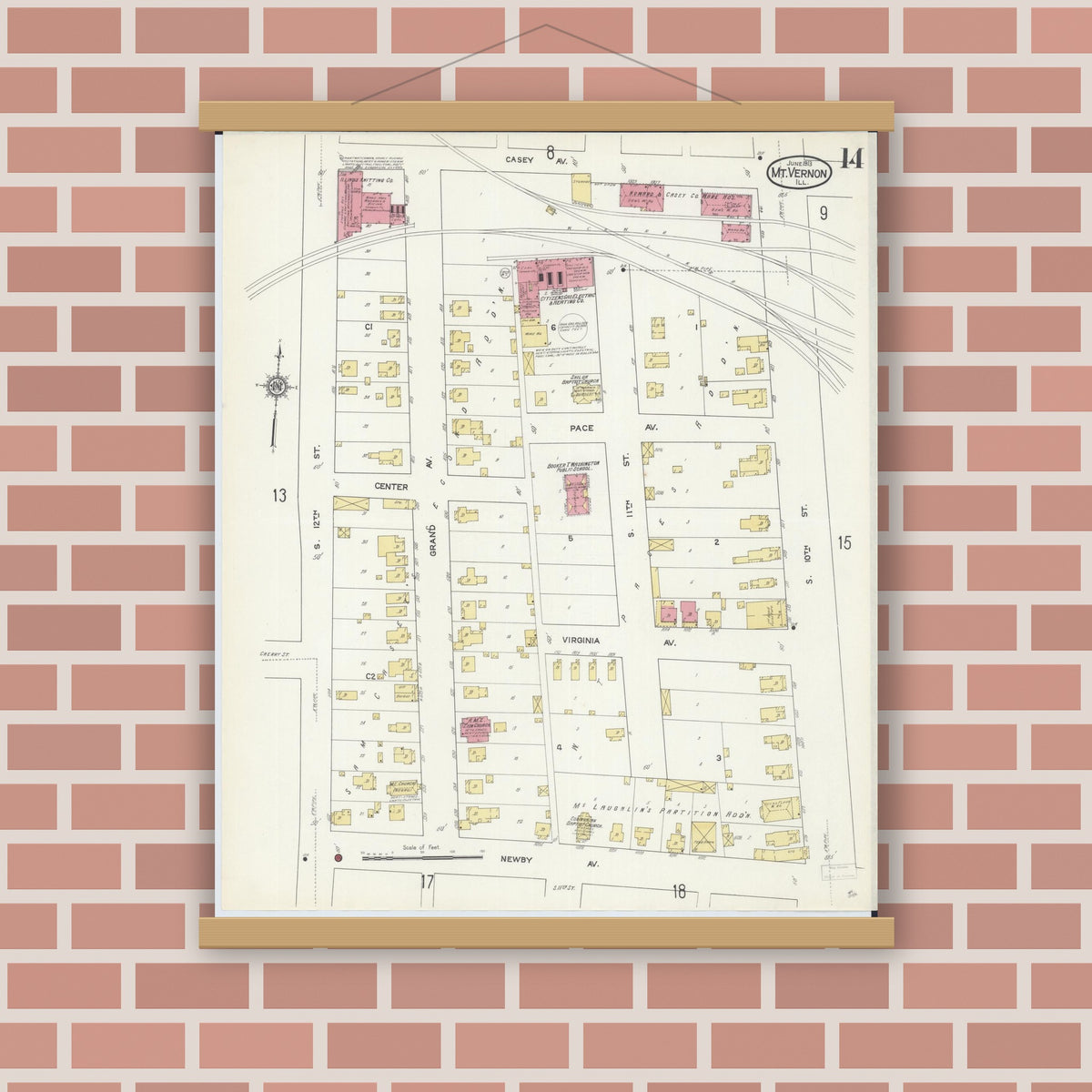 Old map wall art mockup — magnetic wood frame on brick wall — Sanborn Fire Insurance Map from Mount Vernon, Jefferson County, Illinois (1913), Sheet #0014