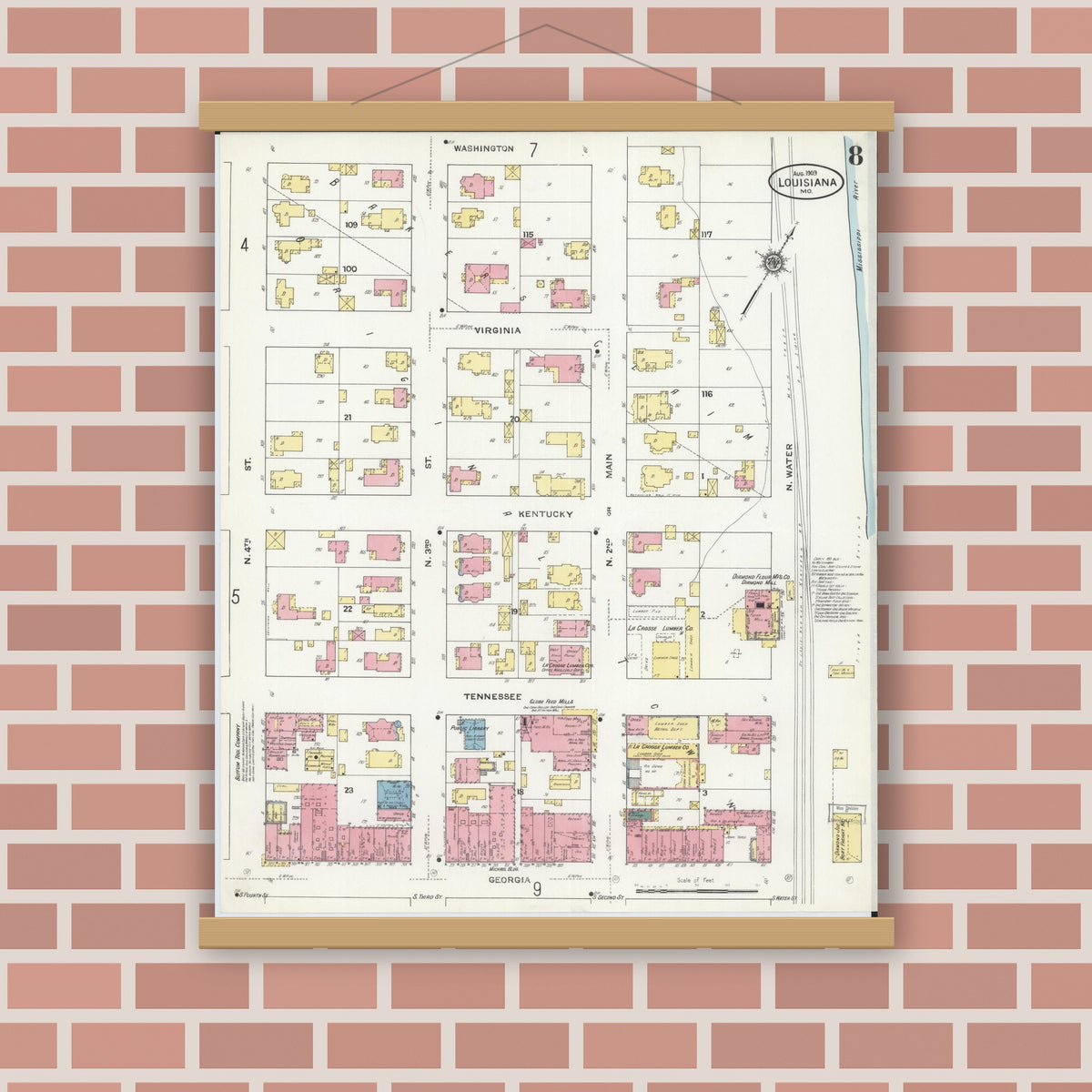 Old map wall art mockup — magnetic wood frame on brick wall — Sanborn Fire Insurance Map from Louisiana, Pike County, Missouri (1909), Sheet #0008