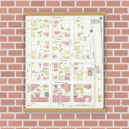 Old map wall art mockup — magnetic wood frame on brick wall — Sanborn Fire Insurance Map from Louisiana, Pike County, Missouri (1909), Sheet #0008