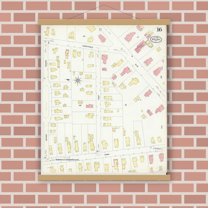 Old map wall art mockup — magnetic wood frame on brick wall — Sanborn Fire Insurance Map from Malone, Franklin County, New York (1908), Sheet #0016