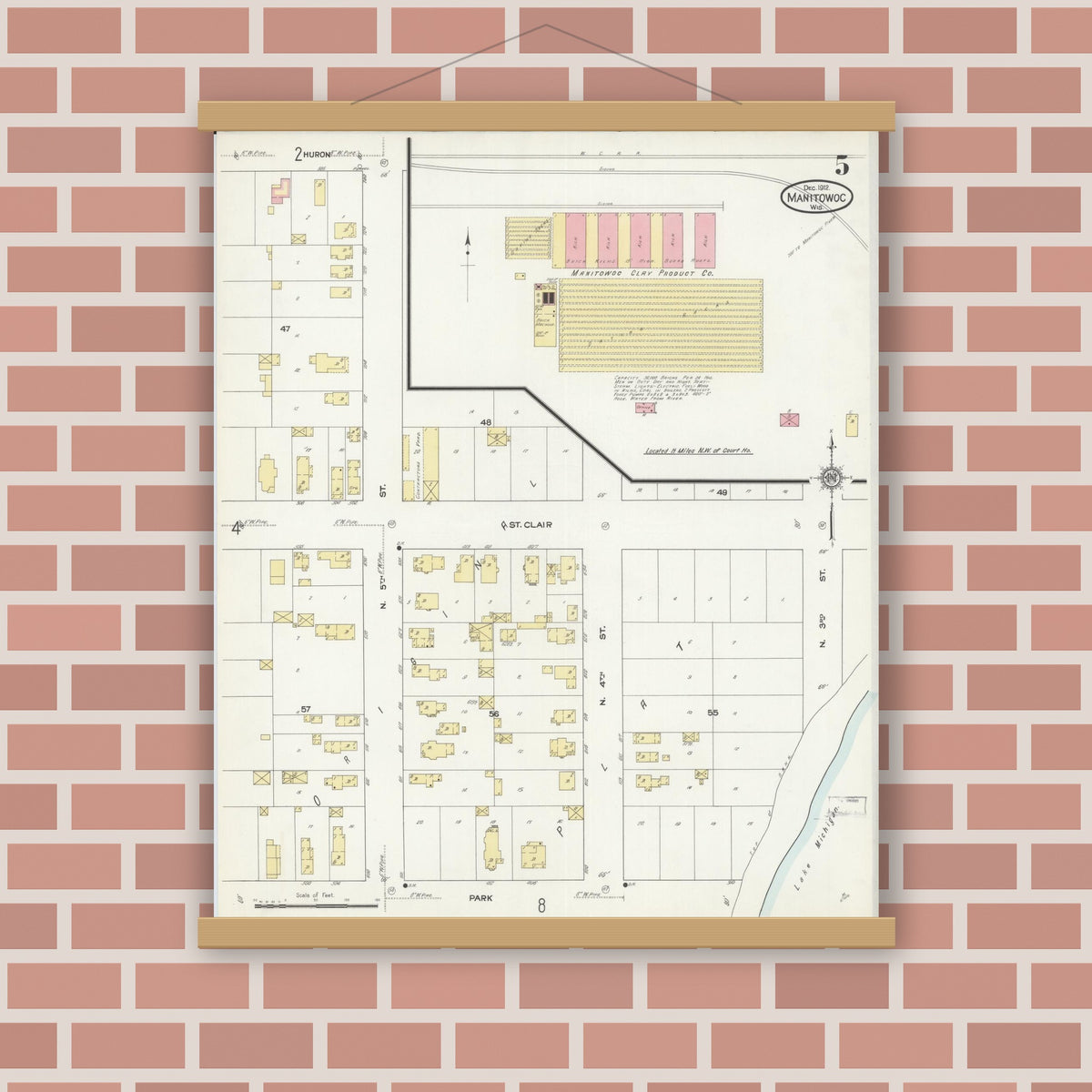 Old map wall art mockup — magnetic wood frame on brick wall — Sanborn Fire Insurance Map from Manitowoc, Manitowoc County, Wisconsin (1912), Sheet #0005