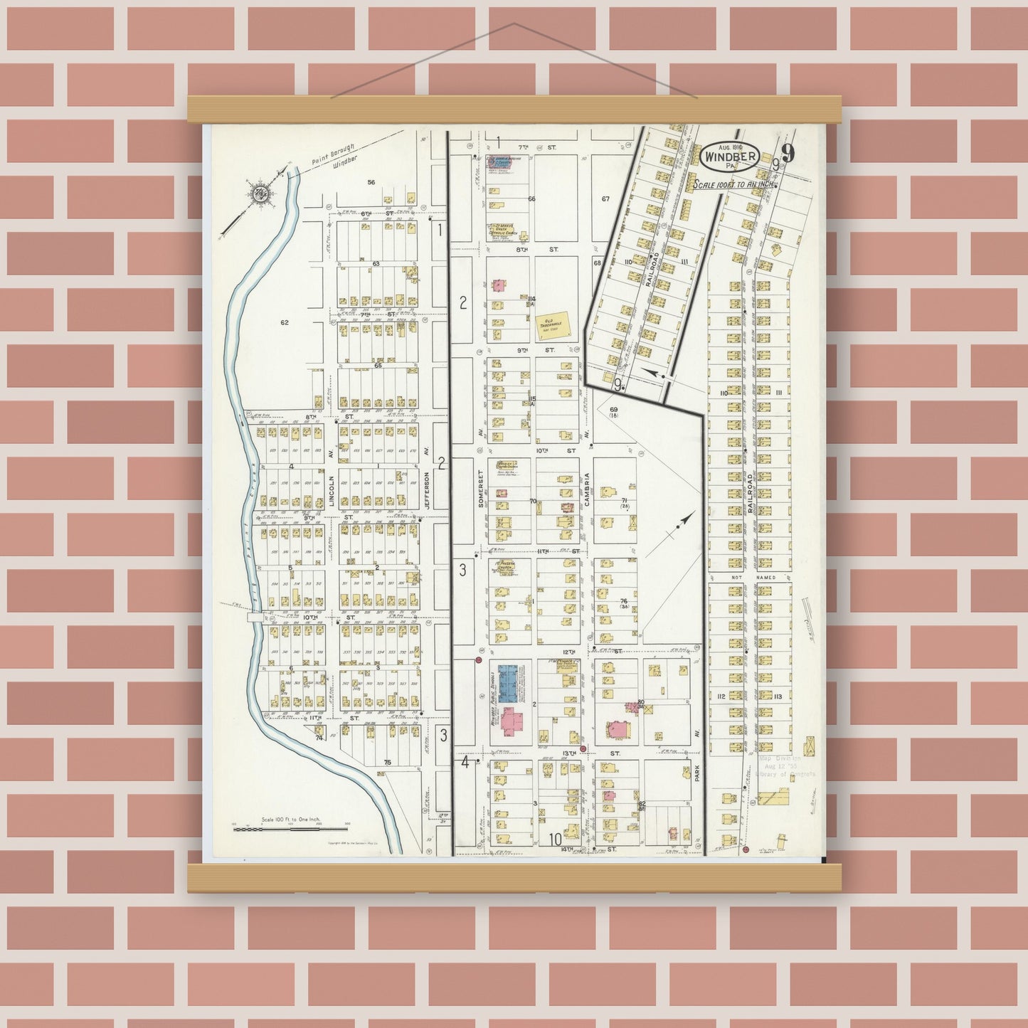 Old map wall art mockup — magnetic wood frame on brick wall — Sanborn Fire Insurance Map from Windber, Somerset County, Pennsylvania (1916), Sheet #0009