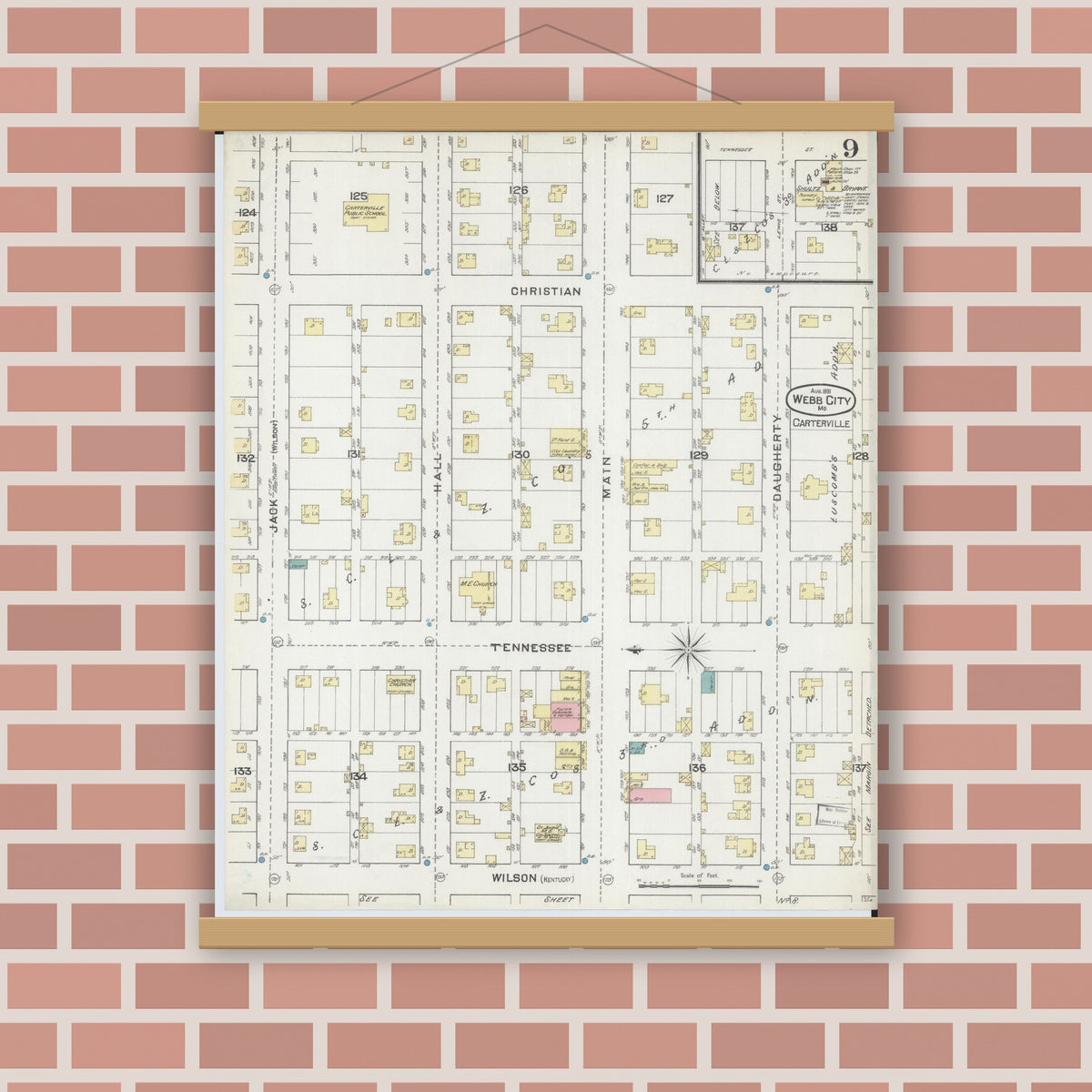Old map wall art mockup — magnetic wood frame on brick wall — Sanborn Fire Insurance Map from Webb City, Jasper County, Missouri (1891), Sheet #0009