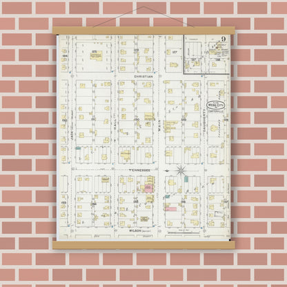 Old map wall art mockup — magnetic wood frame on brick wall — Sanborn Fire Insurance Map from Webb City, Jasper County, Missouri (1891), Sheet #0009