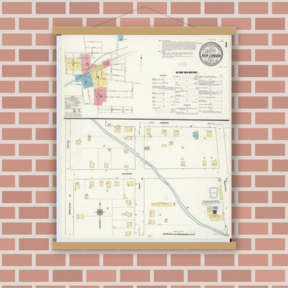 Old map wall art mockup — magnetic wood frame on brick wall — Sanborn Fire Insurance Map from New London, Huron County, Ohio (1911) - Complete Map Set