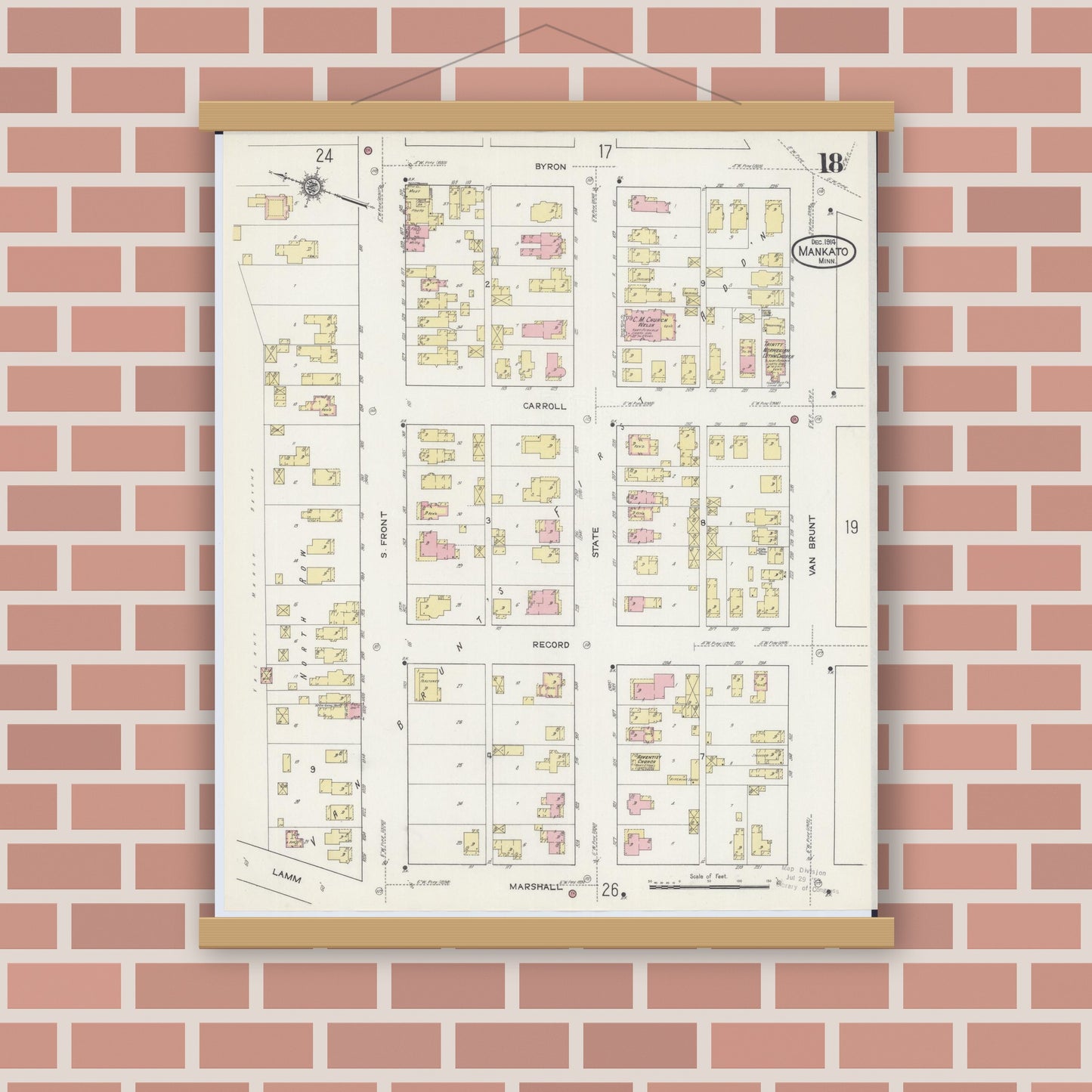 Old map wall art mockup — magnetic wood frame on brick wall — Sanborn Fire Insurance Map from Mankato, Blue Earth County, Minnesota (1914), Sheet #0018