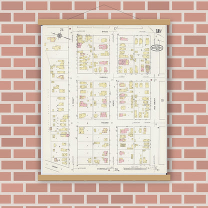 Old map wall art mockup — magnetic wood frame on brick wall — Sanborn Fire Insurance Map from Mankato, Blue Earth County, Minnesota (1914), Sheet #0018
