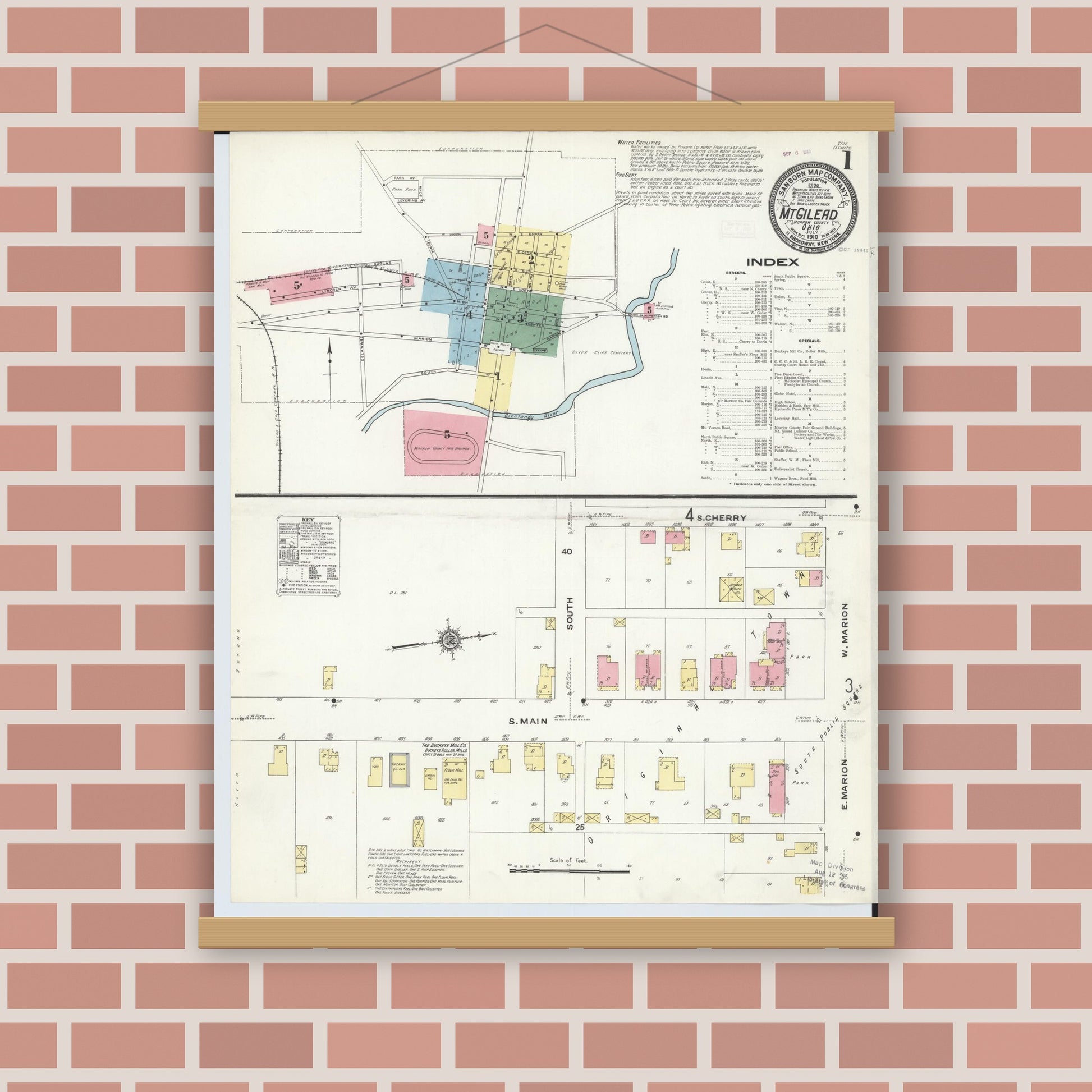 Old map wall art mockup — magnetic wood frame on brick wall — Sanborn Fire Insurance Map from Mount Gilead, Morrow County, Ohio (1910), Sheet #0001