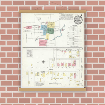 Old map wall art mockup — magnetic wood frame on brick wall — Sanborn Fire Insurance Map from Mount Gilead, Morrow County, Ohio (1910), Sheet #0001