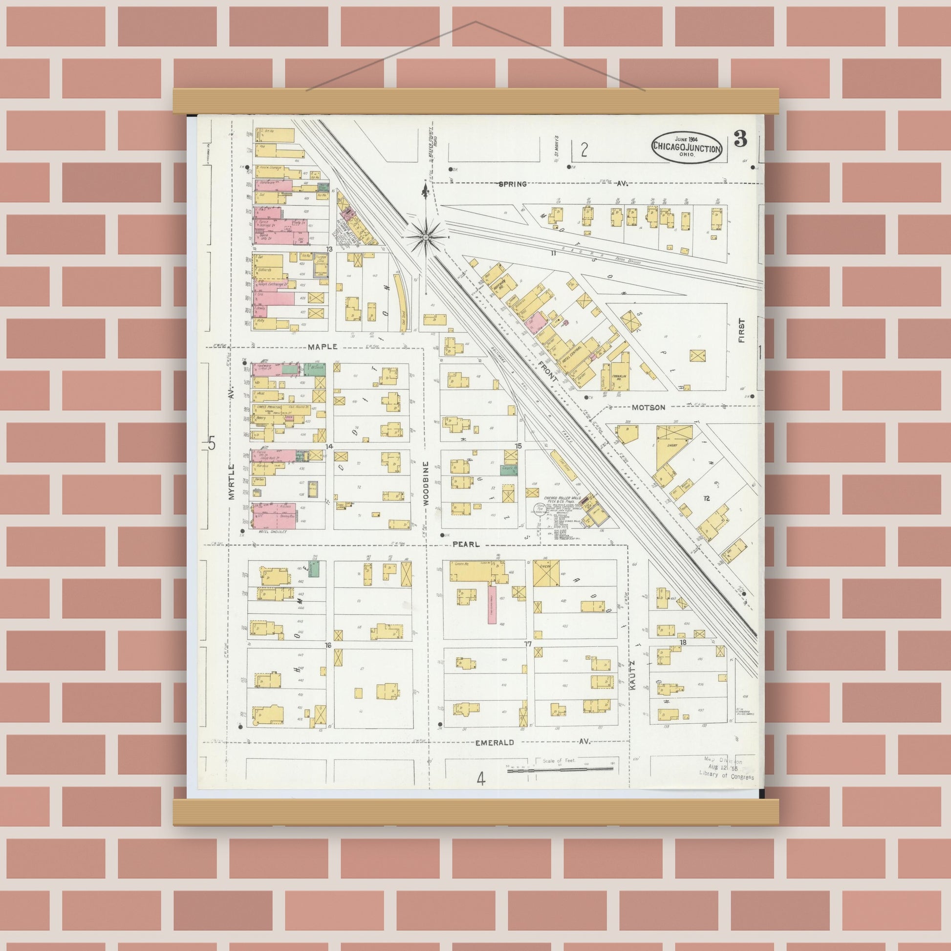 Old map wall art mockup — magnetic wood frame on brick wall — Sanborn Fire Insurance Map from Chicago Junction, Huron County, Ohio (1904), Sheet #0003