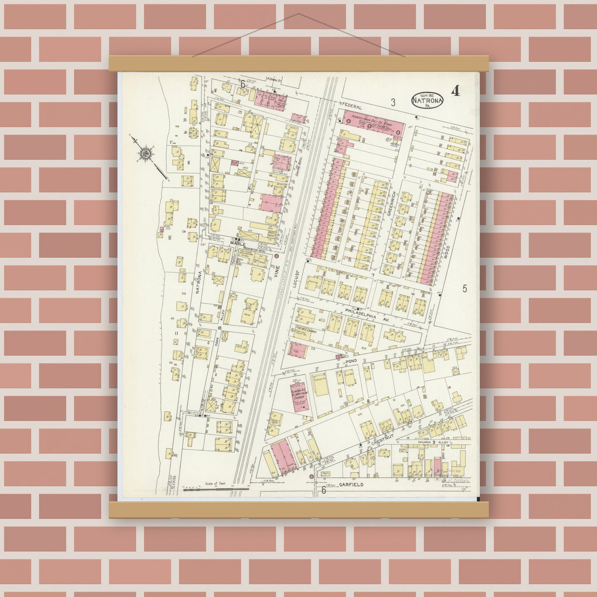 Old map wall art mockup — magnetic wood frame on brick wall — Sanborn Fire Insurance Map from Natrona, Allegheny County, Pennsylvania (1912), Sheet #0004