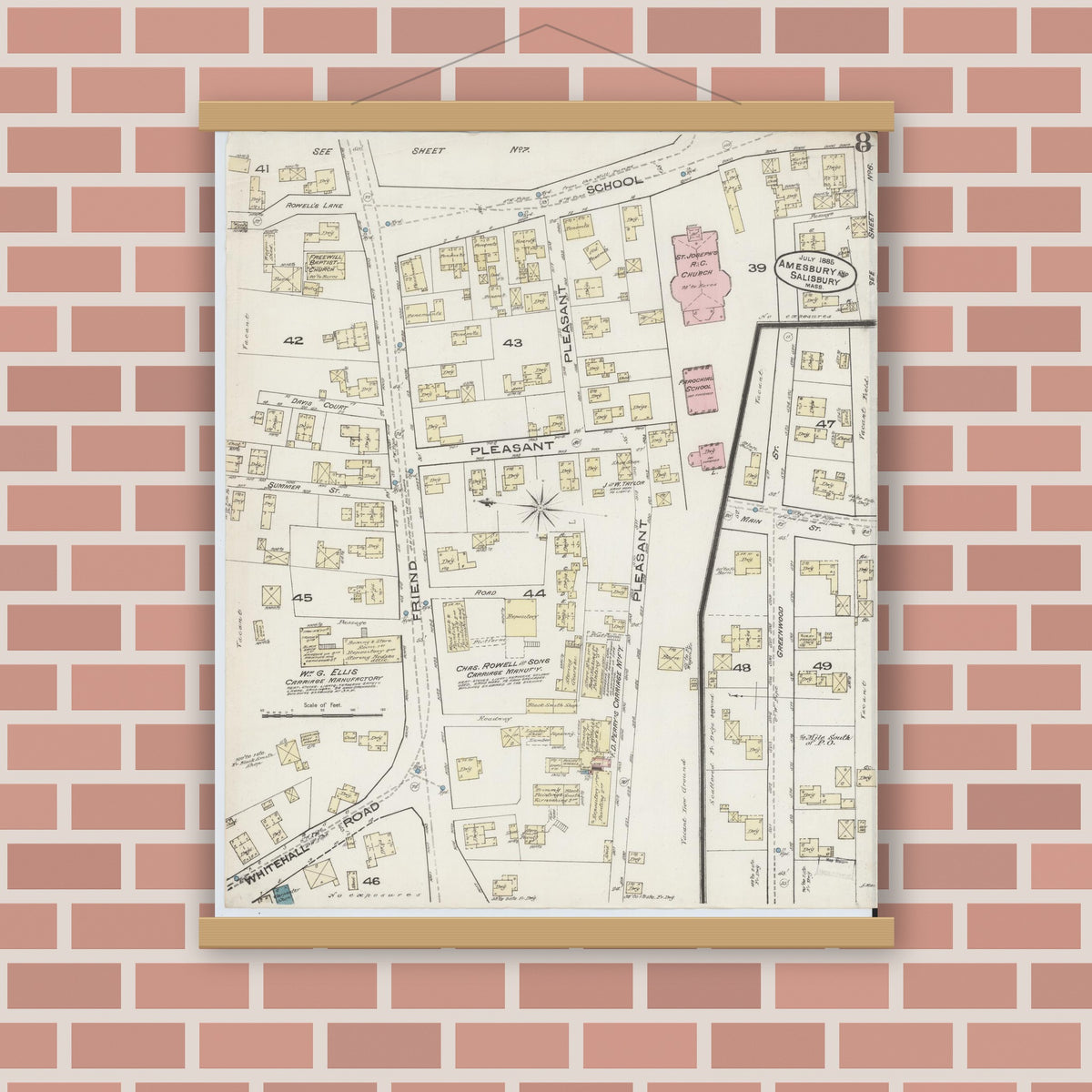 Old map wall art mockup — magnetic wood frame on brick wall — Sanborn Fire Insurance Map from Amesbury, Essex County, Massachusetts (1885), Sheet #0008