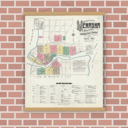 Old map wall art mockup — magnetic wood frame on brick wall — Sanborn Fire Insurance Map from Menasha, Winnebago County, Wisconsin (1913), Sheet #0001