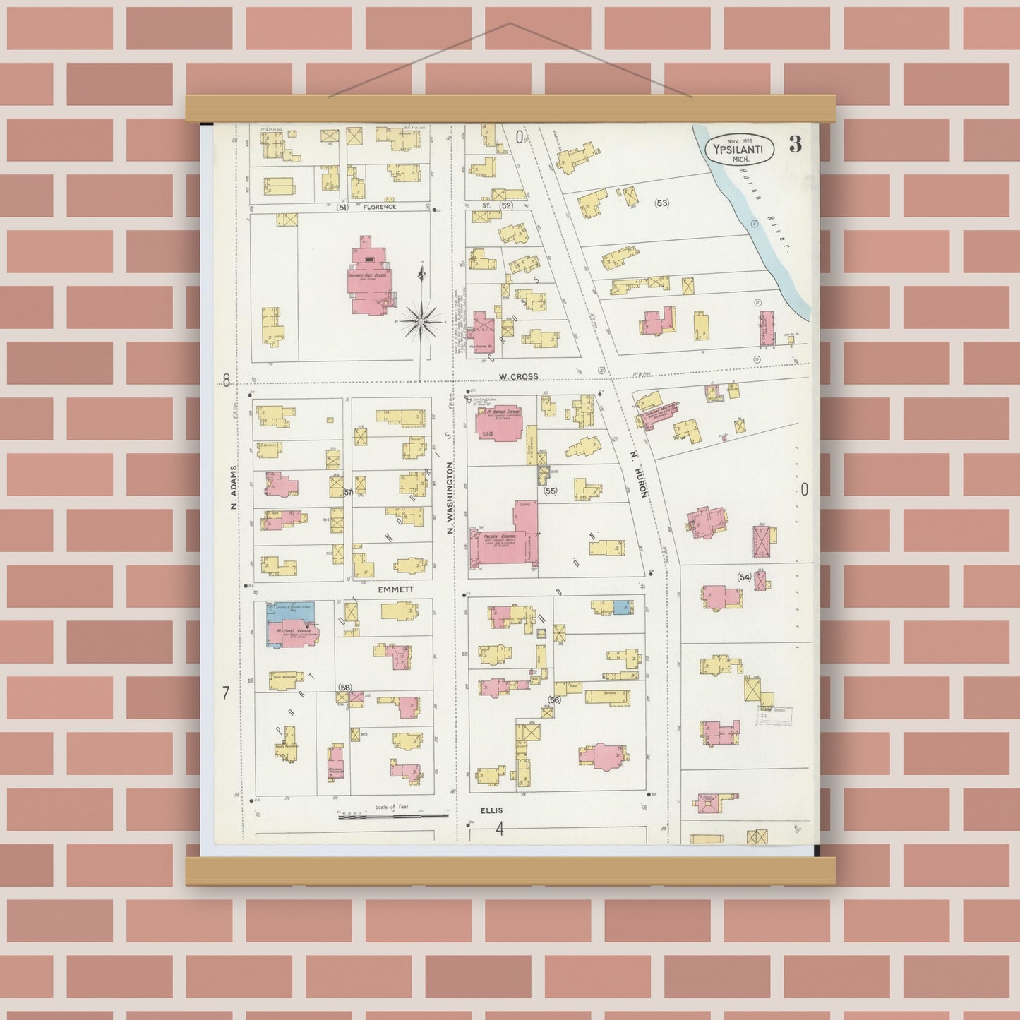 Old map wall art mockup — magnetic wood frame on brick wall — Sanborn Fire Insurance Map from Ypsilanti, Washtenaw County, Michigan (1899), Sheet #0003