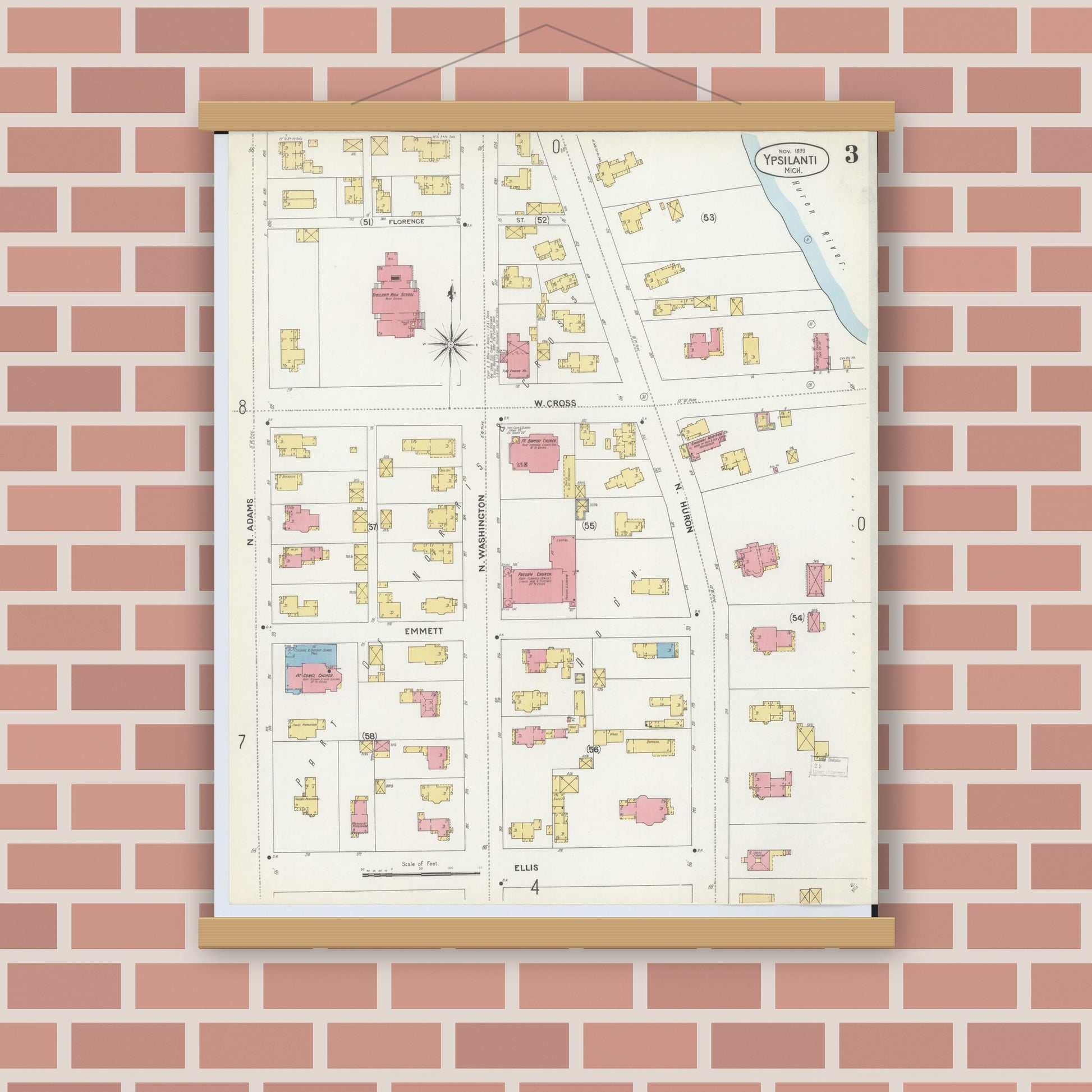 Old map wall art mockup — magnetic wood frame on brick wall — Sanborn Fire Insurance Map from Ypsilanti, Washtenaw County, Michigan (1899), Sheet #0003