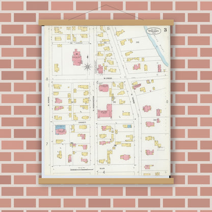 Old map wall art mockup — magnetic wood frame on brick wall — Sanborn Fire Insurance Map from Ypsilanti, Washtenaw County, Michigan (1899), Sheet #0003