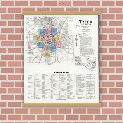 Old map wall art mockup — magnetic wood frame on brick wall — Sanborn Fire Insurance Map from Tyler, Smith County, Texas (1928) - Complete Map Set