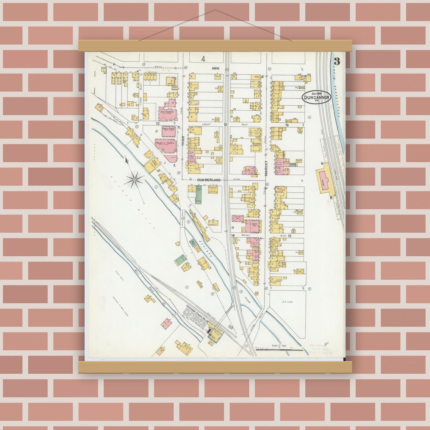 Old map wall art mockup — magnetic wood frame on brick wall — Sanborn Fire Insurance Map from Duncannon, Perry County, Pennsylvania (1904), Sheet #0003