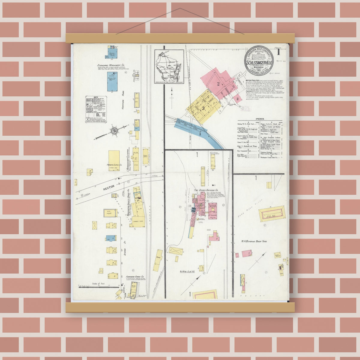 Old map wall art mockup — magnetic wood frame on brick wall — Sanborn Fire Insurance Map from Schleisingerville, Washington County, Wisconsin (1913), Sheet #0001