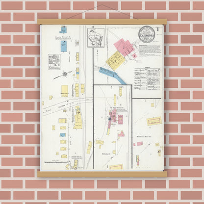 Old map wall art mockup — magnetic wood frame on brick wall — Sanborn Fire Insurance Map from Schleisingerville, Washington County, Wisconsin (1913), Sheet #0001