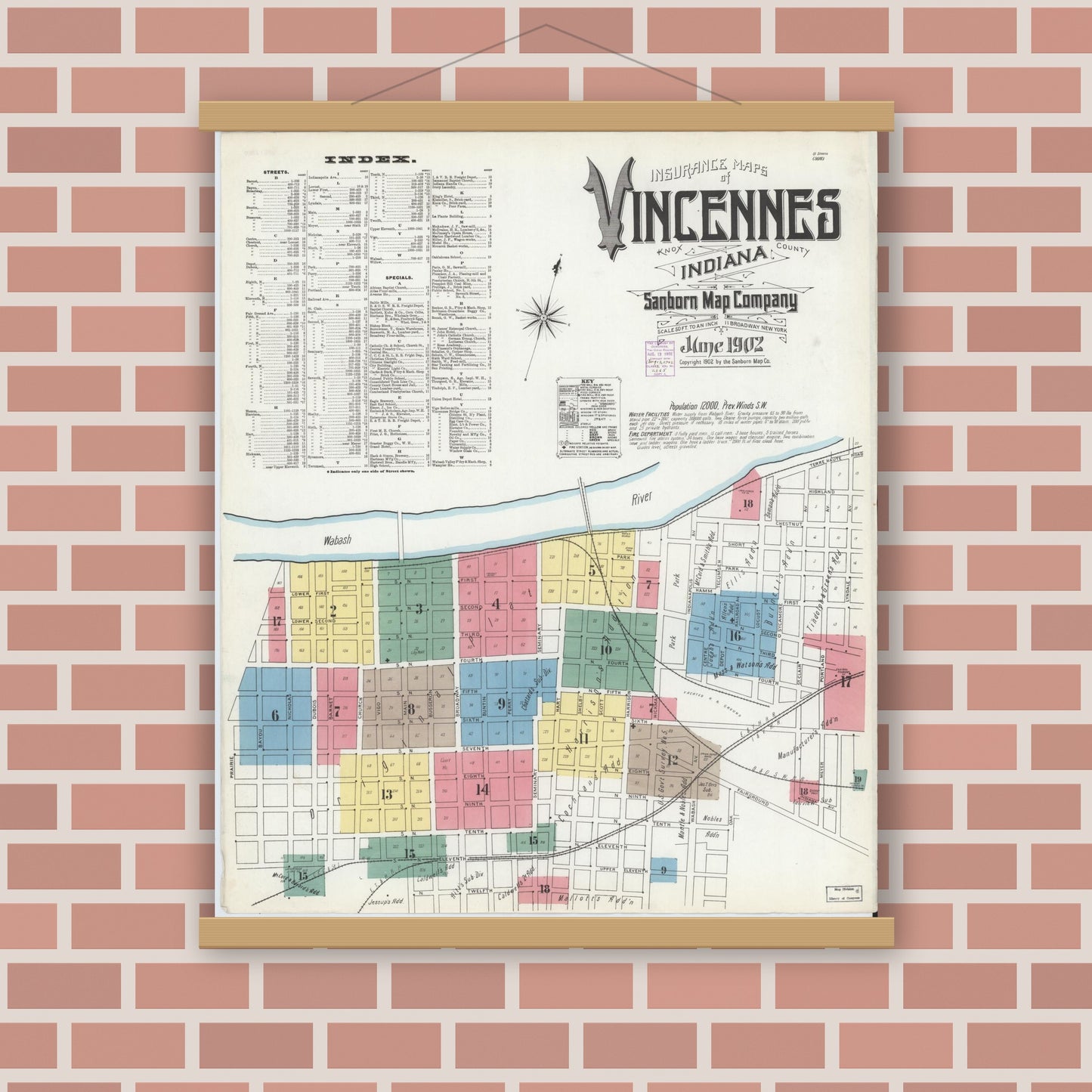 Old map wall art mockup — magnetic wood frame on brick wall — Sanborn Fire Insurance Map from Vincennes, Knox County, Indiana (1902) - Complete Map Set