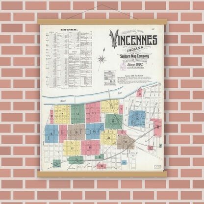 Old map wall art mockup — magnetic wood frame on brick wall — Sanborn Fire Insurance Map from Vincennes, Knox County, Indiana (1902) - Complete Map Set