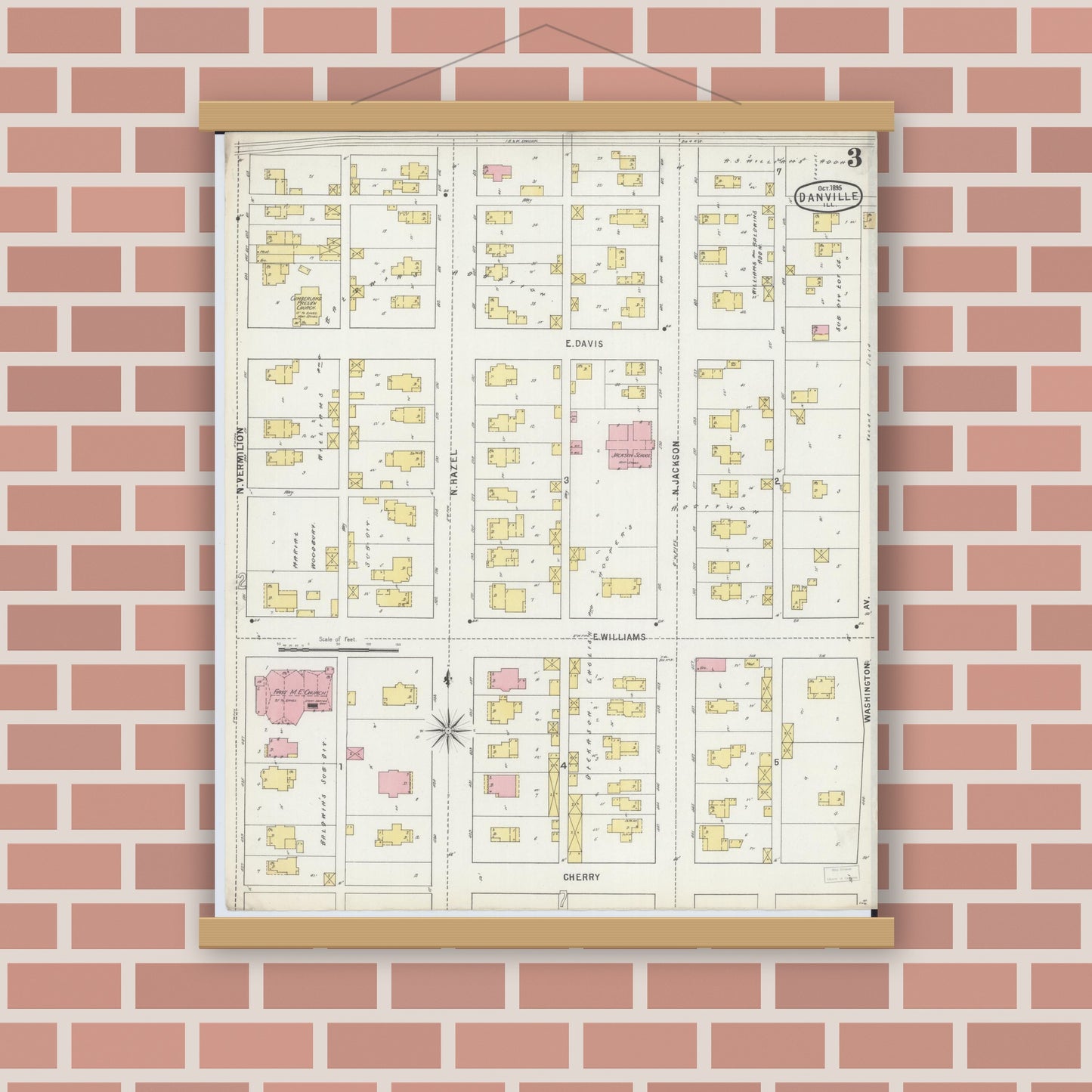 Old map wall art mockup — magnetic wood frame on brick wall — Sanborn Fire Insurance Map from Danville, Vermilion County, Illinois (1895), Sheet #0003