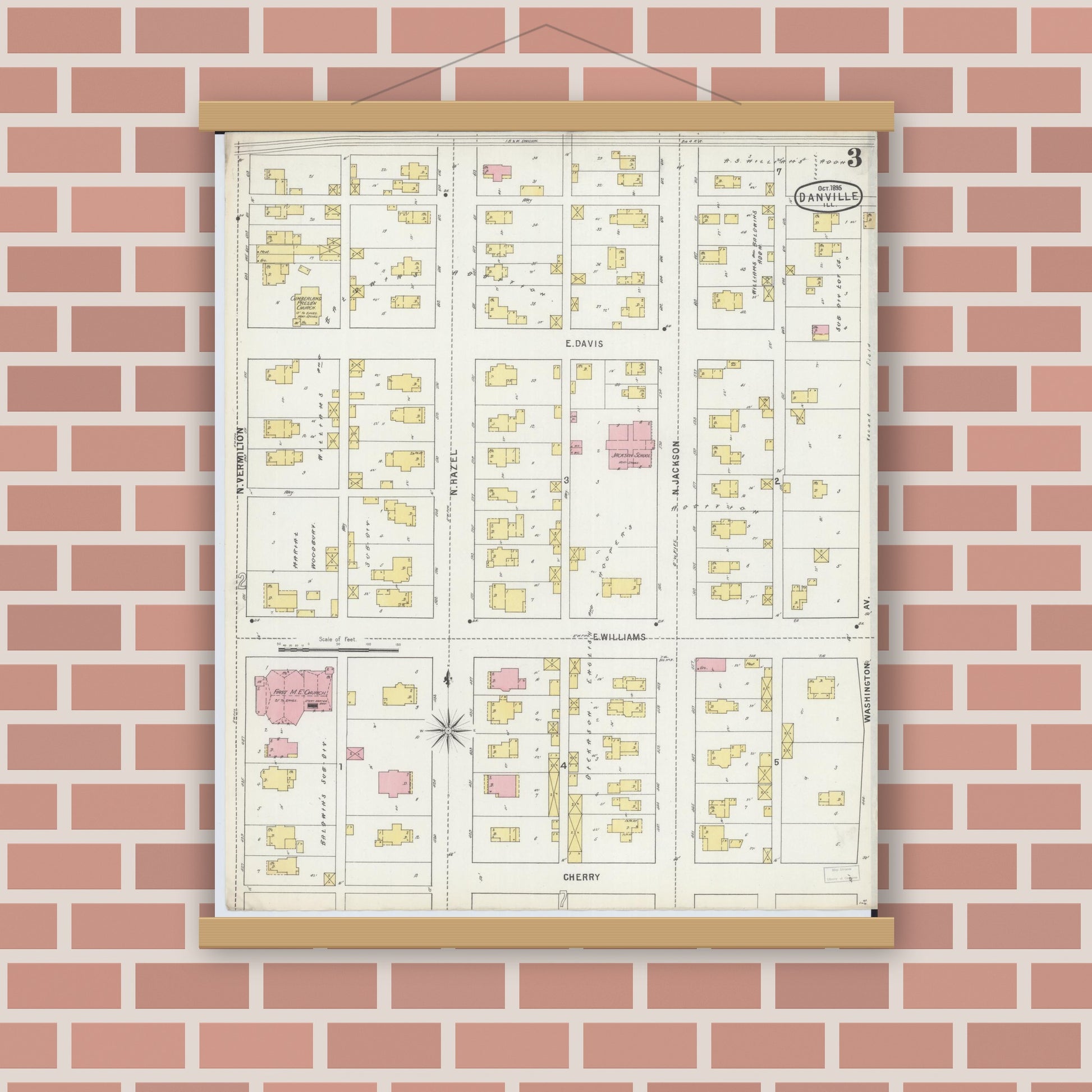 Old map wall art mockup — magnetic wood frame on brick wall — Sanborn Fire Insurance Map from Danville, Vermilion County, Illinois (1895), Sheet #0003