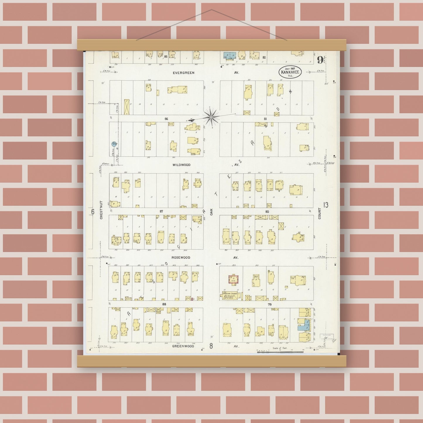 Old map wall art mockup — magnetic wood frame on brick wall — Sanborn Fire Insurance Map from Kankakee, Kankakee County, Illinois (1907), Sheet #0009