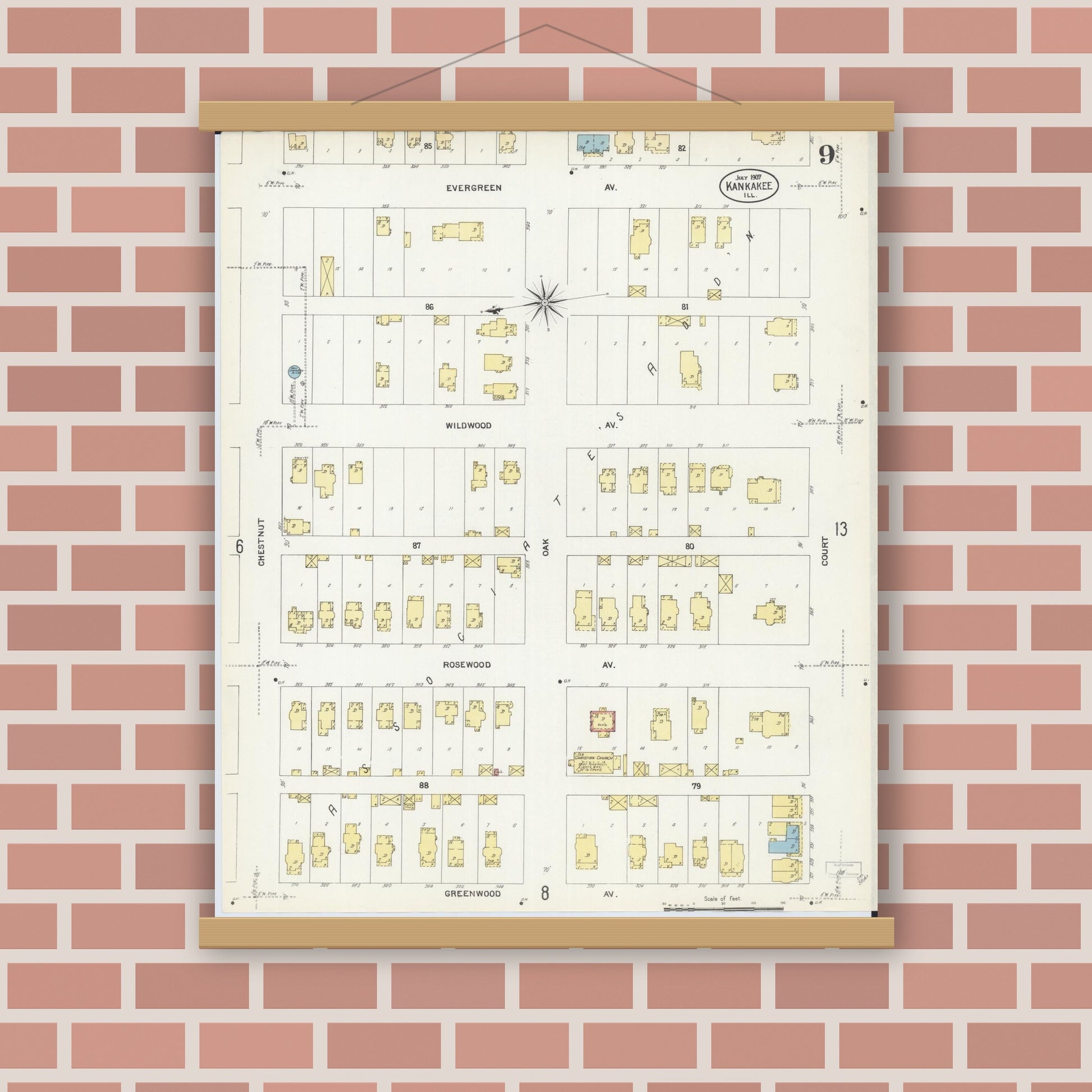 Old map wall art mockup — magnetic wood frame on brick wall — Sanborn Fire Insurance Map from Kankakee, Kankakee County, Illinois (1907), Sheet #0009