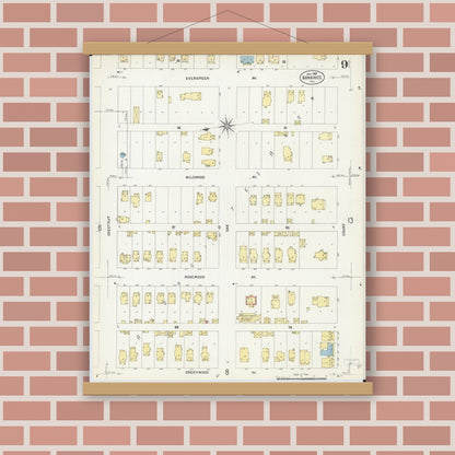 Old map wall art mockup — magnetic wood frame on brick wall — Sanborn Fire Insurance Map from Kankakee, Kankakee County, Illinois (1907), Sheet #0009