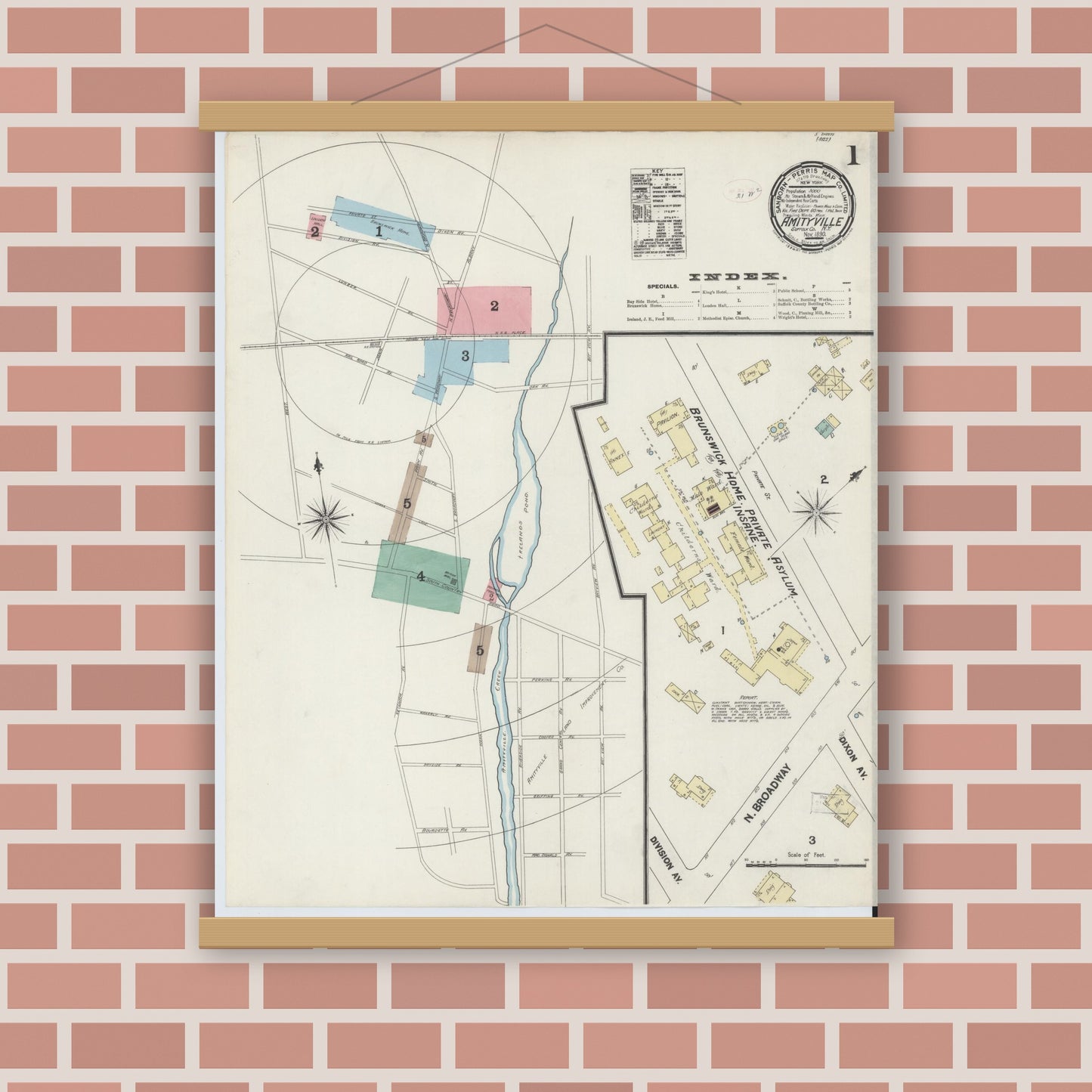 Old map wall art mockup — magnetic wood frame on brick wall — Sanborn Fire Insurance Map from Amityville, Suffolk County, New York (1890), Sheet #0001