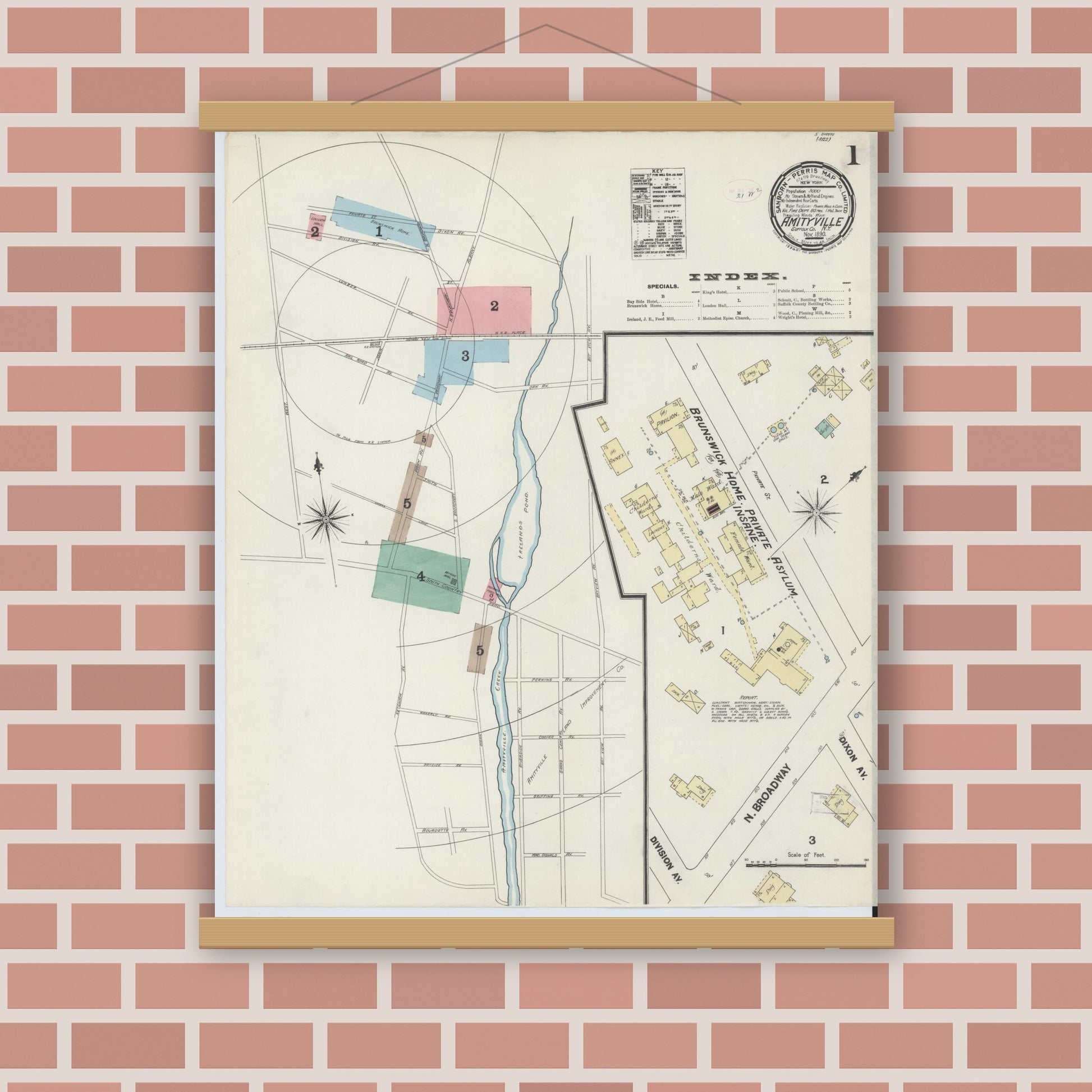 Old map wall art mockup — magnetic wood frame on brick wall — Sanborn Fire Insurance Map from Amityville, Suffolk County, New York (1890), Sheet #0001