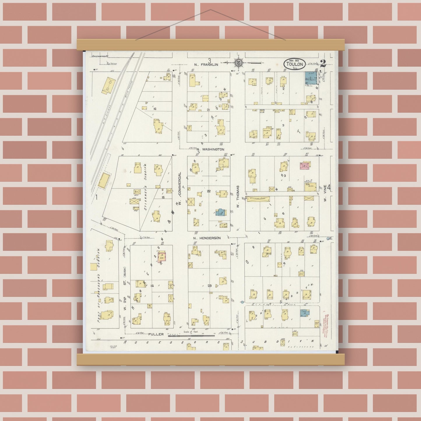 Old map wall art mockup — magnetic wood frame on brick wall — Sanborn Fire Insurance Map from Toulon, Stark County, Illinois (1913), Sheet #0002