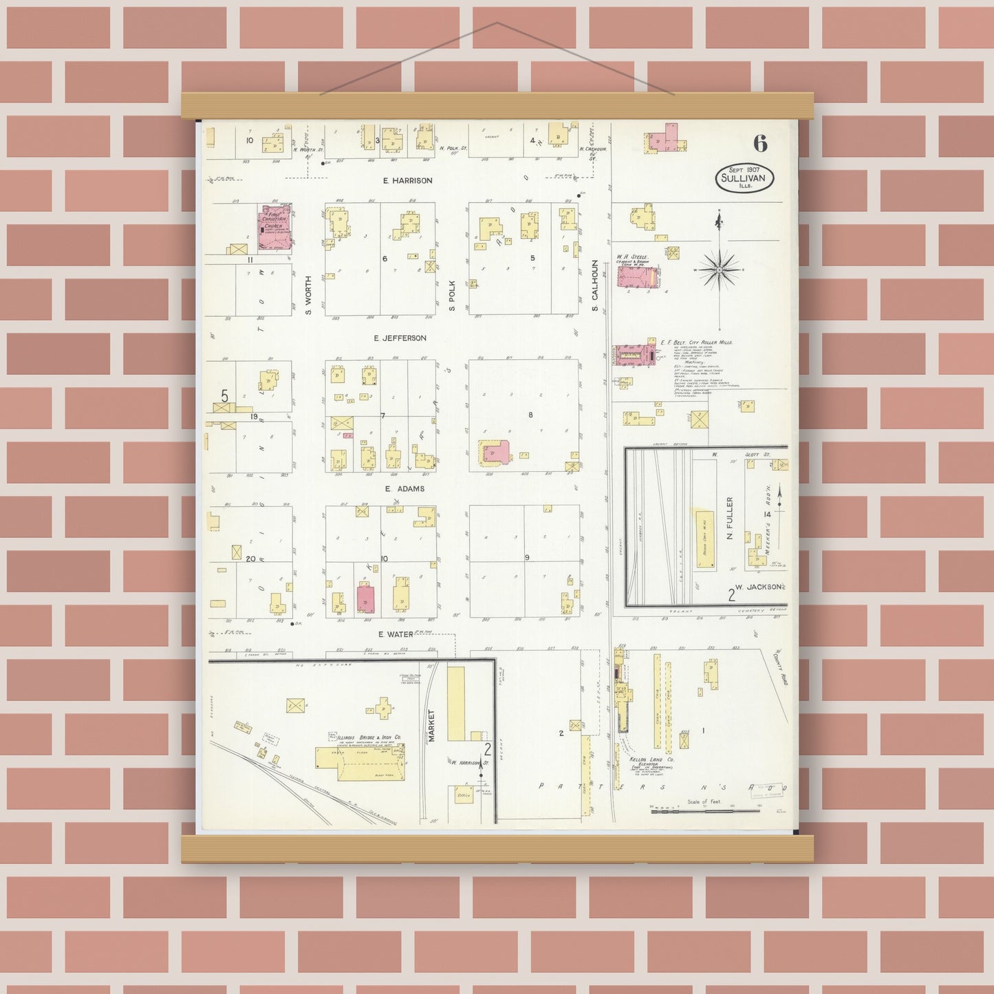 Old map wall art mockup — magnetic wood frame on brick wall — Sanborn Fire Insurance Map from Sullivan, Moultrie County, Illinois (1907), Sheet #0006