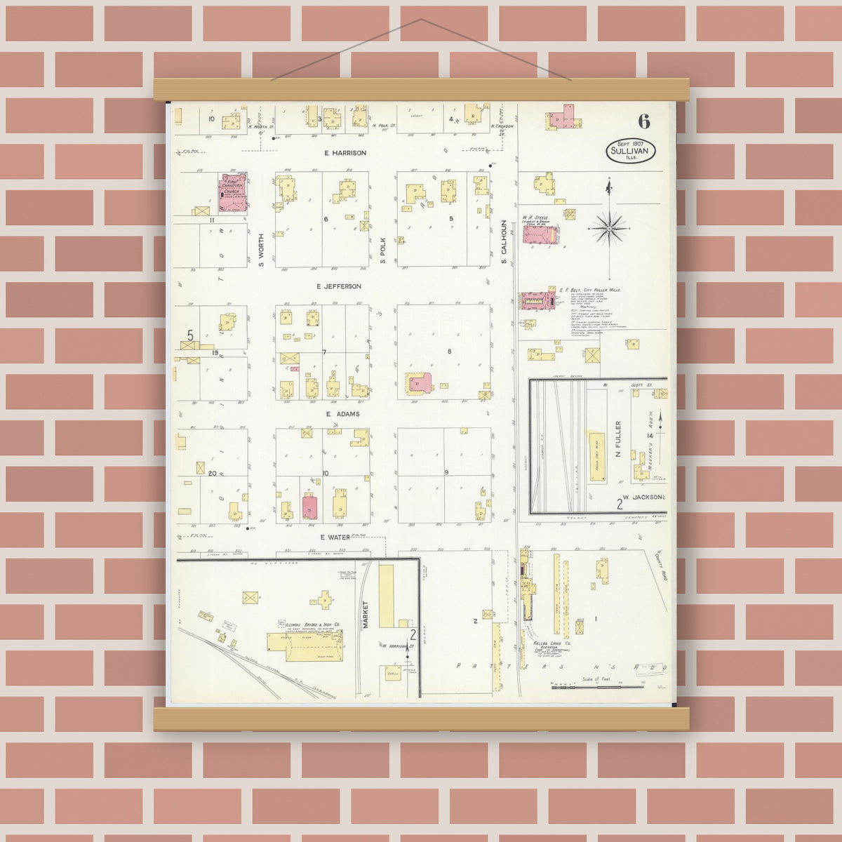 Old map wall art mockup — magnetic wood frame on brick wall — Sanborn Fire Insurance Map from Sullivan, Moultrie County, Illinois (1907), Sheet #0006