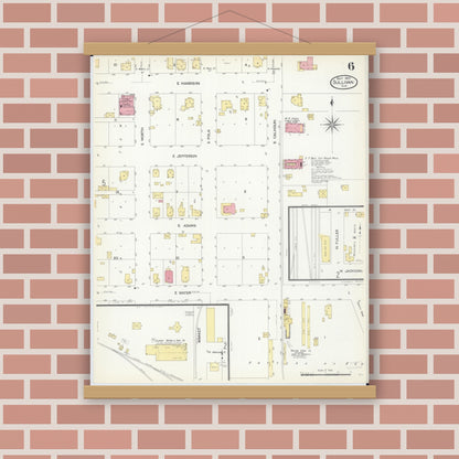 Old map wall art mockup — magnetic wood frame on brick wall — Sanborn Fire Insurance Map from Sullivan, Moultrie County, Illinois (1907), Sheet #0006