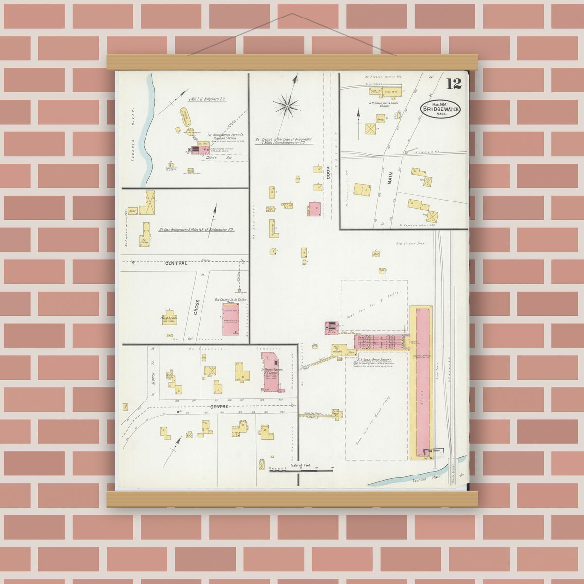 Old map wall art mockup — magnetic wood frame on brick wall — Sanborn Fire Insurance Map from Bridgewater, Plymouth County, Massachusetts (1906), Sheet #0012
