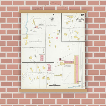 Old map wall art mockup — magnetic wood frame on brick wall — Sanborn Fire Insurance Map from Bridgewater, Plymouth County, Massachusetts (1906), Sheet #0012