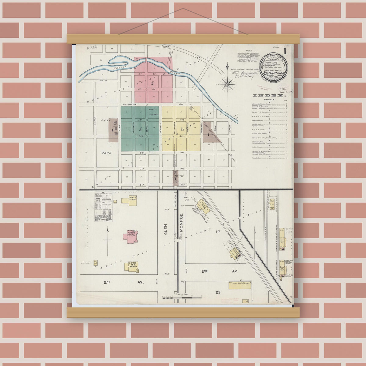 Old map wall art mockup — magnetic wood frame on brick wall — Sanborn Fire Insurance Map from Hutchinson, Mcleod County, Minnesota (1893), Sheet #0001