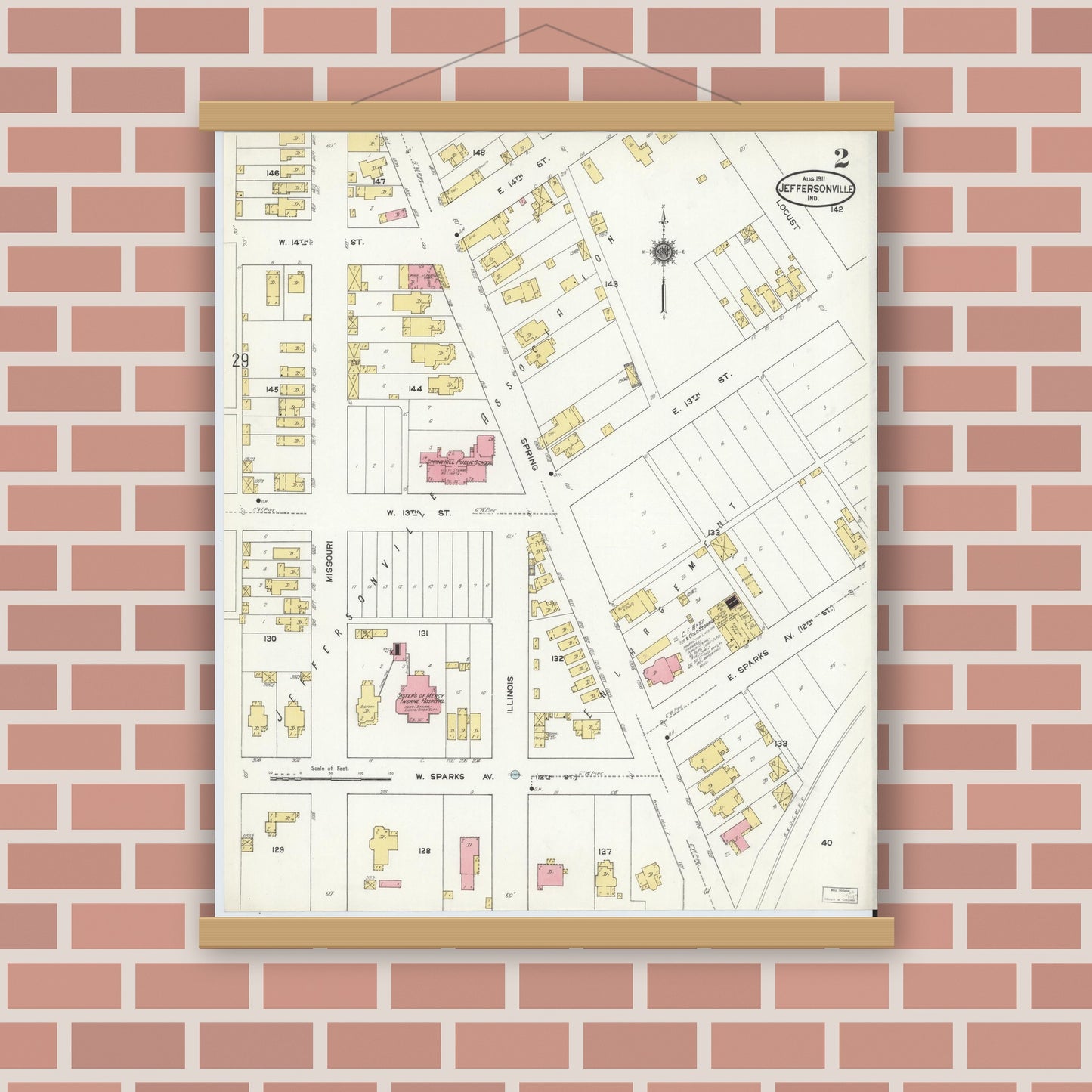 Old map wall art mockup — magnetic wood frame on brick wall — Sanborn Fire Insurance Map from Jeffersonville, Clark County, Indiana (1911), Sheet #0002