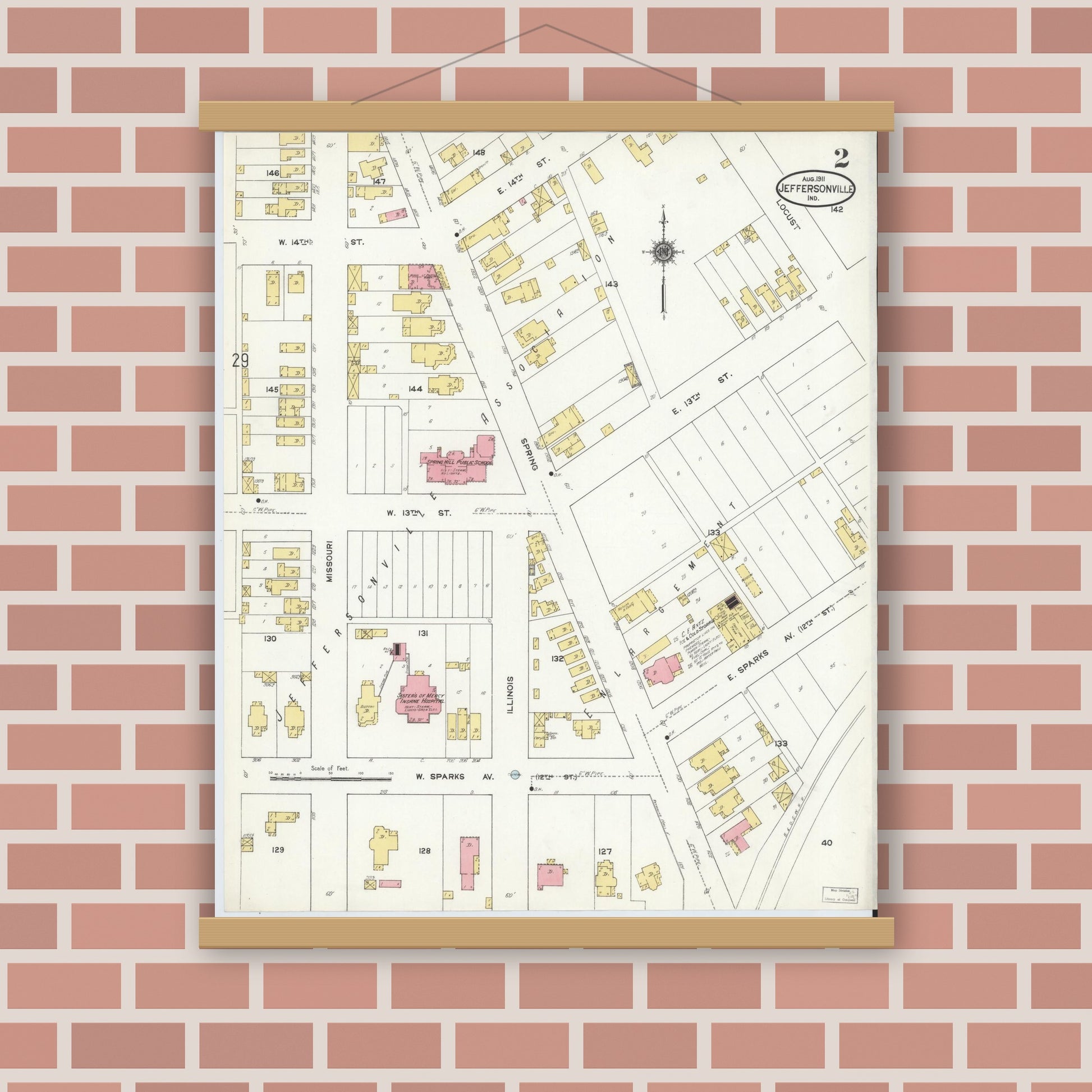 Old map wall art mockup — magnetic wood frame on brick wall — Sanborn Fire Insurance Map from Jeffersonville, Clark County, Indiana (1911), Sheet #0002
