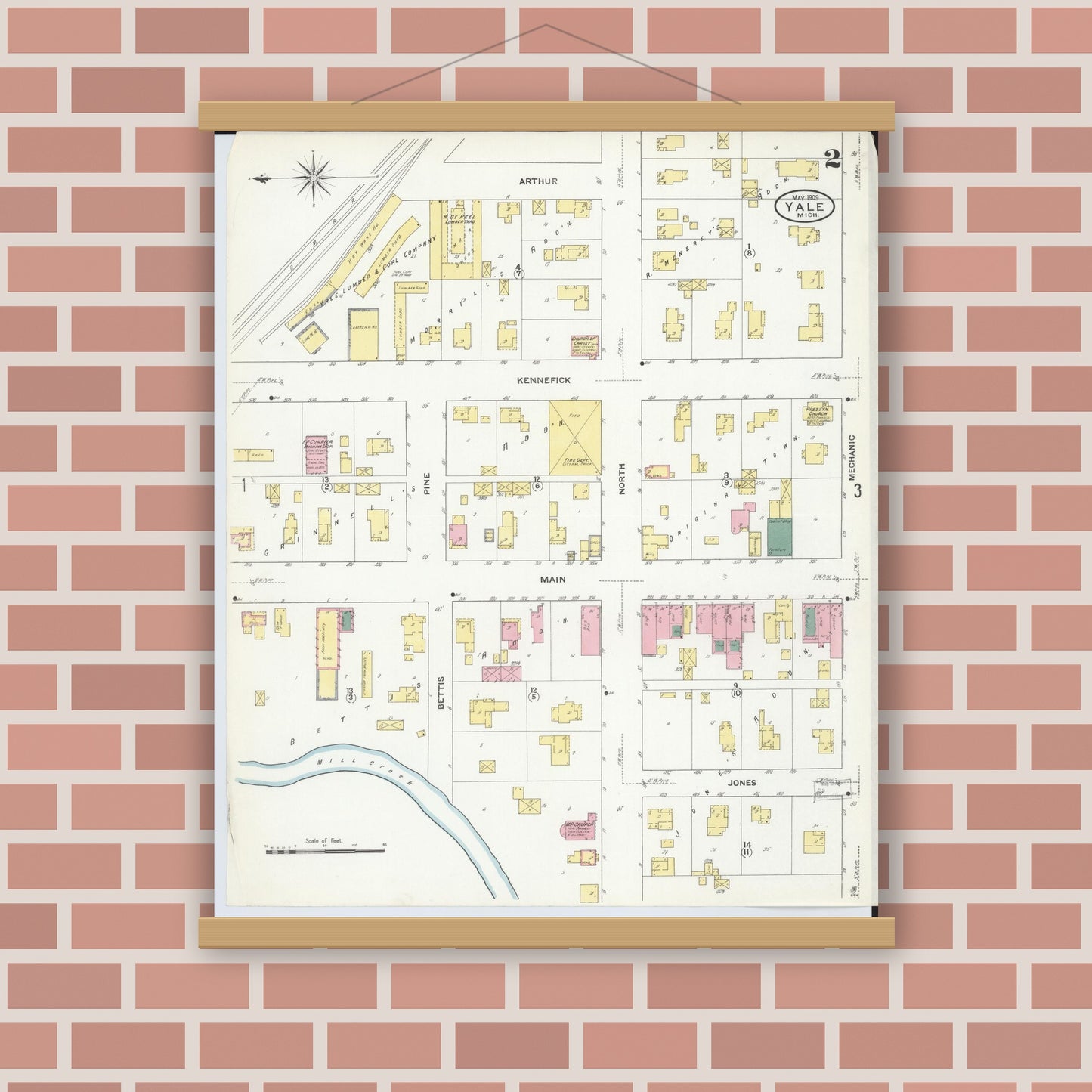 Old map wall art mockup — magnetic wood frame on brick wall — Sanborn Fire Insurance Map from Yale, Saint Clair County, Michigan (1909), Sheet #0002